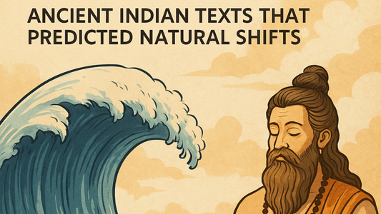 A digital artwork combining ancient Indian scriptures and a modern tsunami wave, symbolizing the intersection of historical wisdom and present-day natural disasters