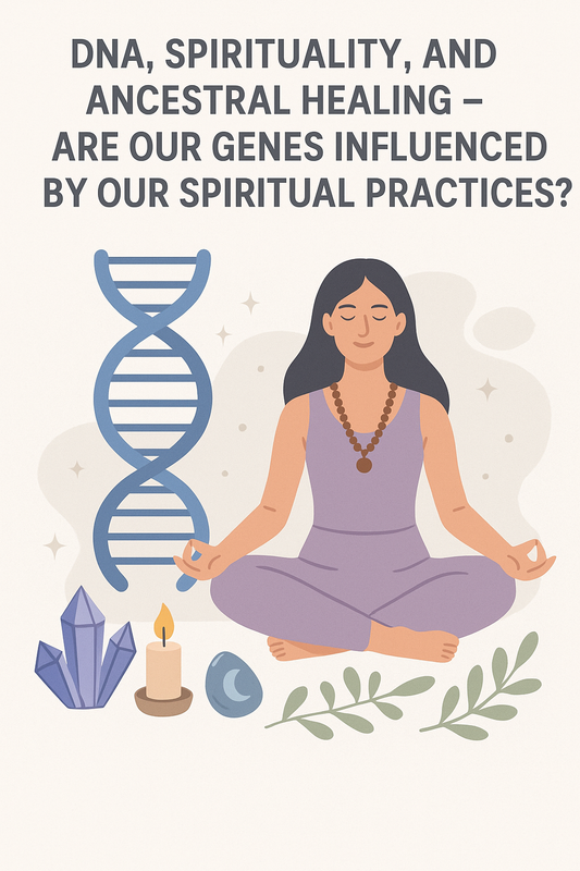 Woman meditating with DNA helix and spiritual symbols around her, representing ancestral healing and spirituality