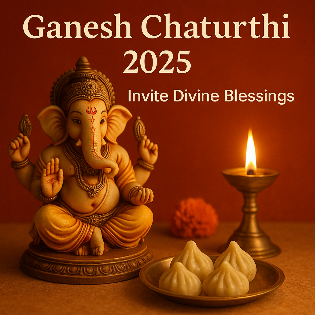 Ganesh Chaturthi 2025 banner with Lord Ganesha idol, lit diya, and modak offerings – Invite Divine Blessings | DivineRoots