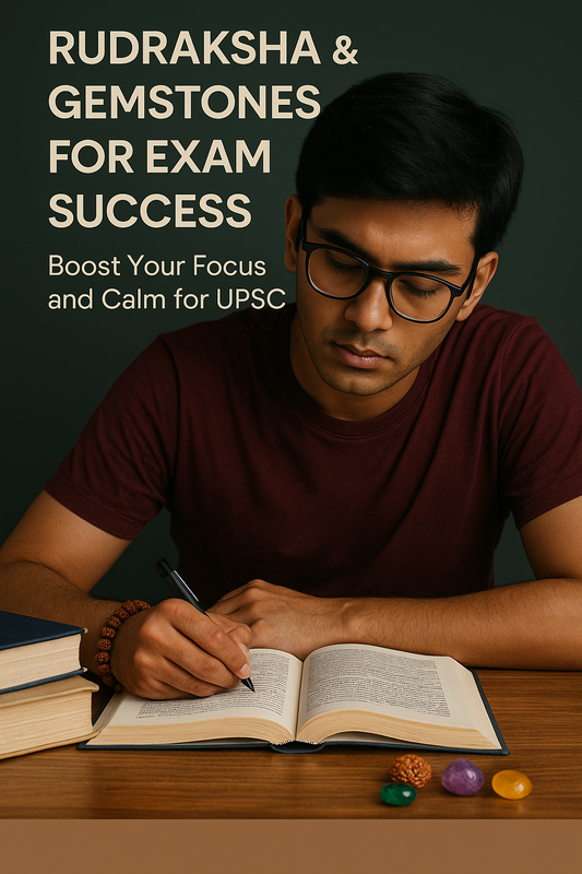 Student studying for UPSC with Rudraksha and gemstones for focus and calm – DivineRoots
