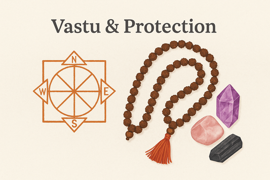 Illustration of Vastu Purusha Mandala, Rudraksha mala, and protective crystals for spiritual balance and energy protection