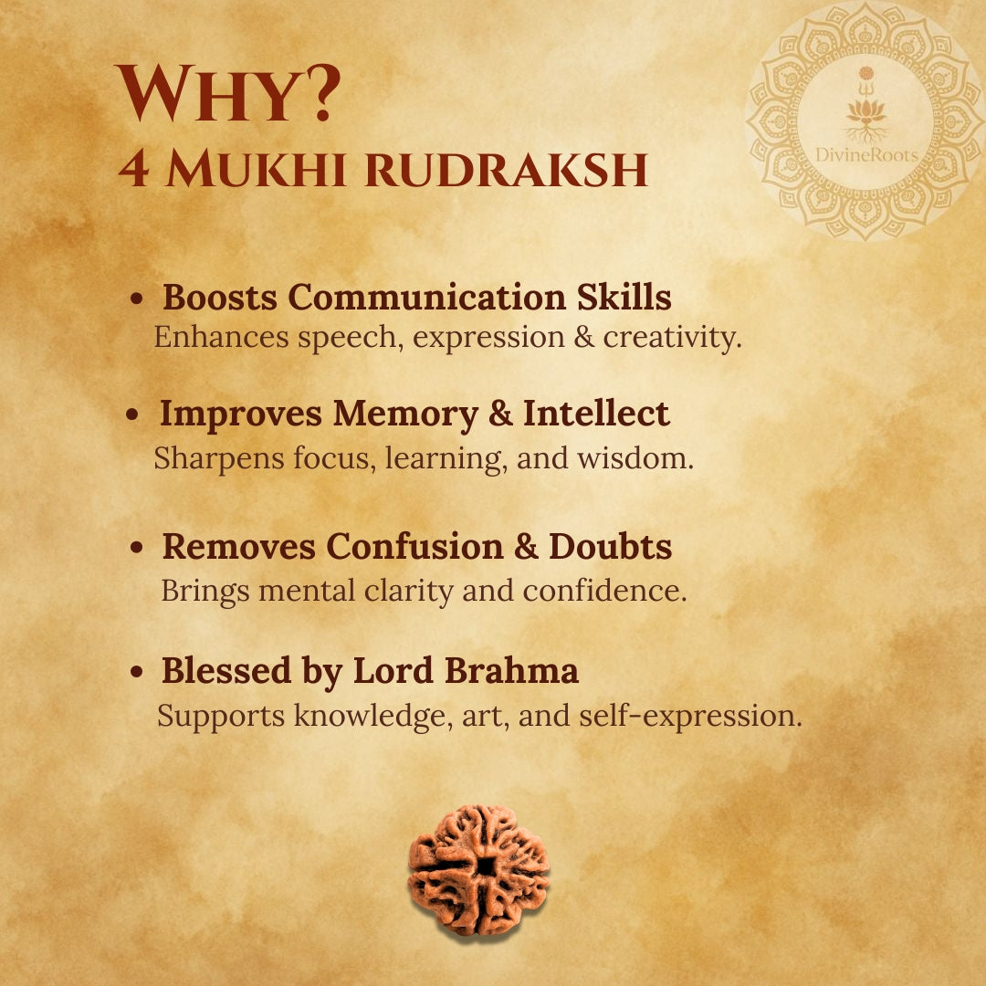 Promotional graphic for 4 Mukhi Rudraksh with benefits listed on a textured background.