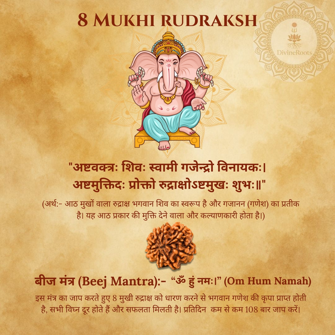 Illustration of a deity with text and an 8 Mukhi Rudraksh on a textured background