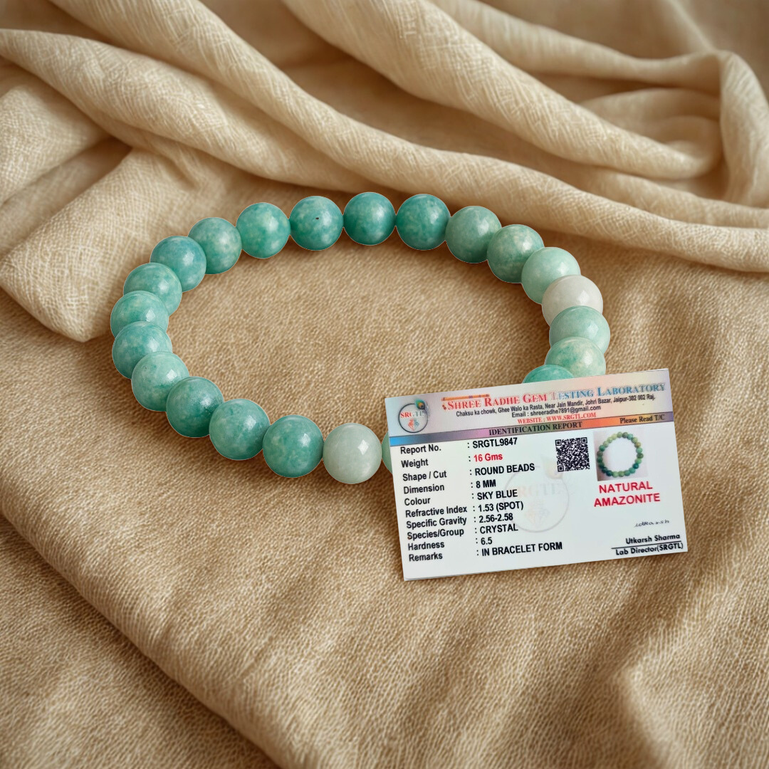 Natural Amazonite Gemstone Bracelet | 8 mm Beads | Lab Certified | AAA Grade | Healing Crystal