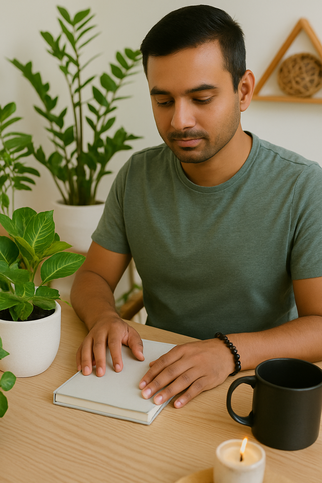 Man reading a book at a table with plants and a candle in the background