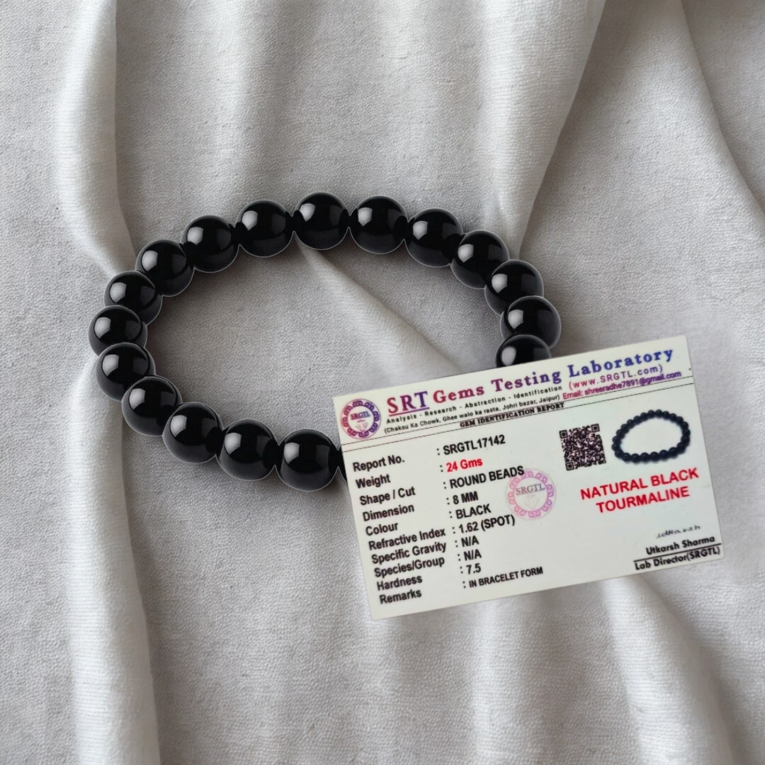 Natural Black Tourmaline Gemstone Bracelet | 8 mm Beads | Lab Certified | AAA Star Grade | Healing Crystal