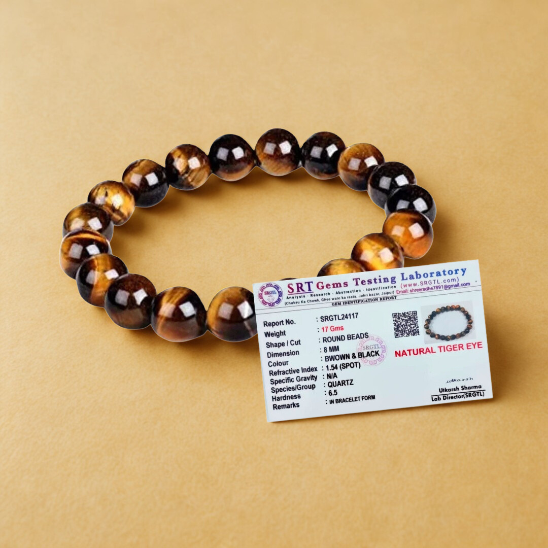 Natural Tiger Eye Gemstone Bracelet | 8 mm Beads | Lab Certified | AAA Grade | Healing Crystal