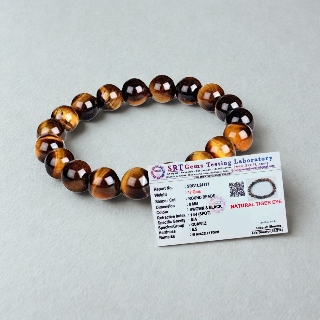 Natural Tiger Eye Gemstone Bracelet | 8 mm Beads | Lab Certified | AAA Grade | Healing Crystal