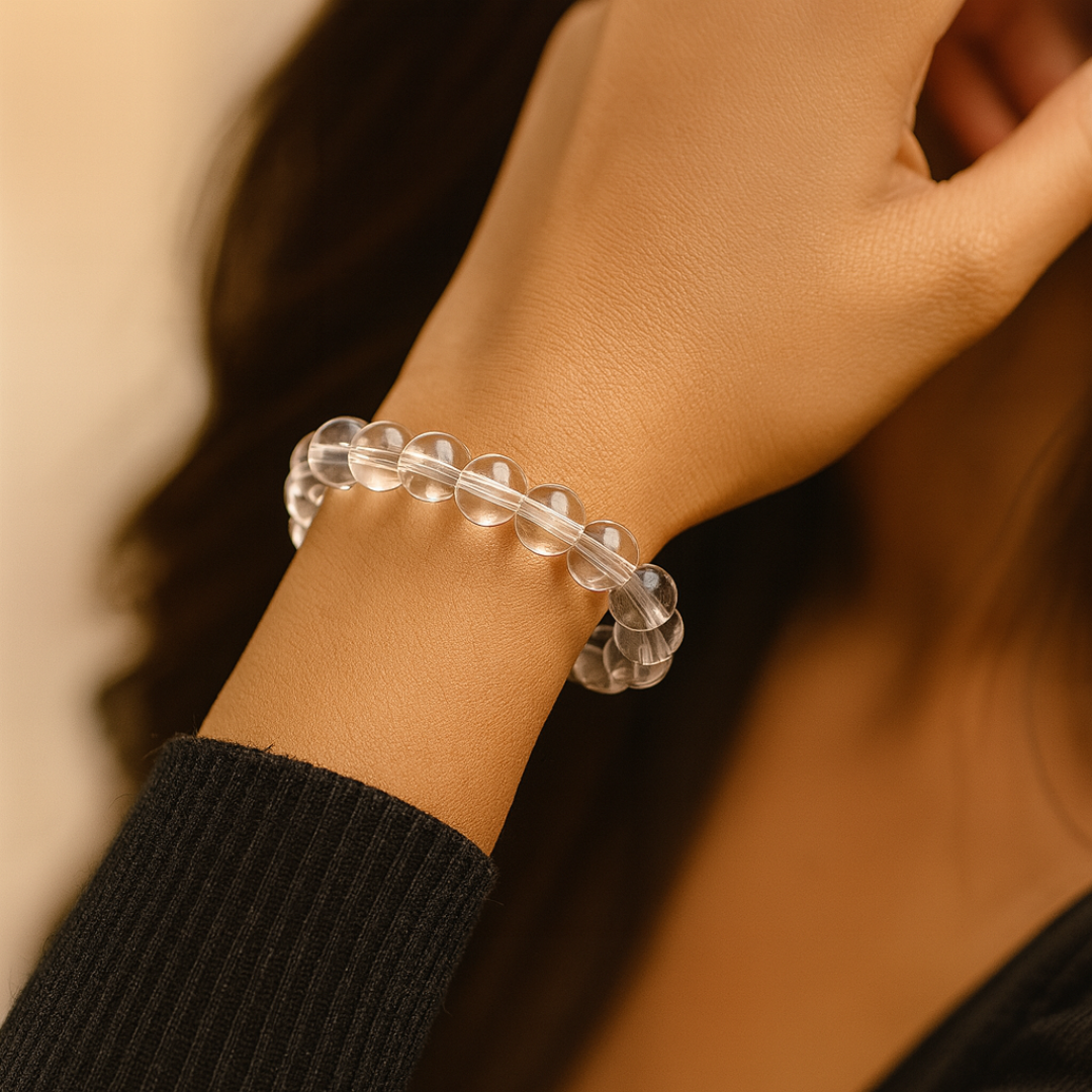 Natural Clear Quartz (Sphatik) Gemstone Bracelet | Round & Diamond Cut| 8 mm Beads | Lab Certified | AAA Grade