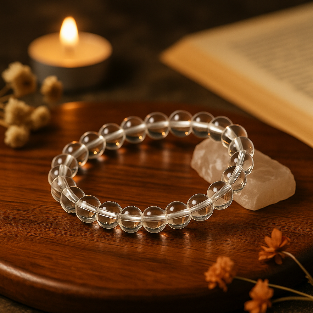 Natural Clear Quartz (Sphatik) Gemstone Bracelet | Round & Diamond Cut| 8 mm Beads | Lab Certified | AAA Grade