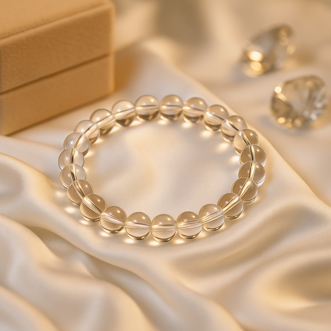 Natural Clear Quartz (Sphatik) Gemstone Bracelet | Round & Diamond Cut| 8 mm Beads | Lab Certified | AAA Grade