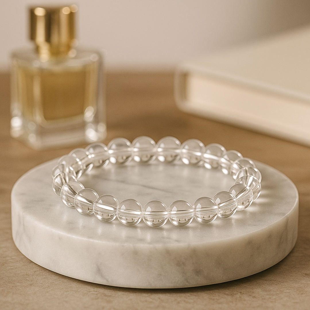 Natural Clear Quartz (Sphatik) Gemstone Bracelet | Round & Diamond Cut| 8 mm Beads | Lab Certified | AAA Grade