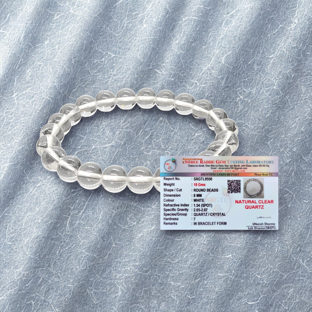 Natural Clear Quartz (Sphatik) Gemstone Bracelet | Round & Diamond Cut| 8 mm Beads | Lab Certified | AAA Grade
