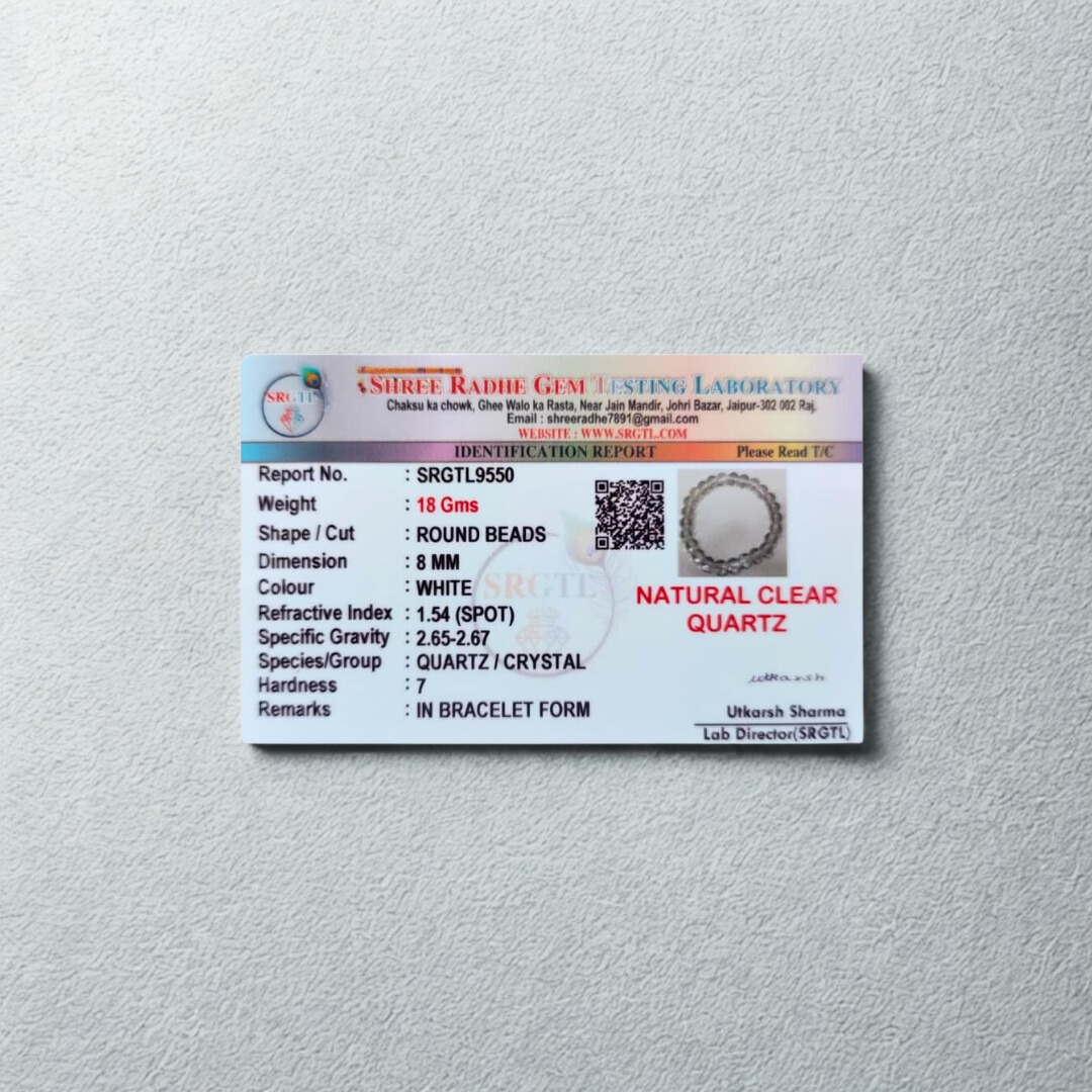 Natural Clear Quartz (Sphatik) Gemstone Bracelet | Round & Diamond Cut| 8 mm Beads | Lab Certified | AAA Grade