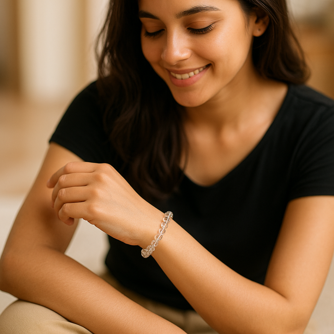 Natural Clear Quartz (Sphatik) Gemstone Bracelet | Round & Diamond Cut| 8 mm Beads | Lab Certified | AAA Grade