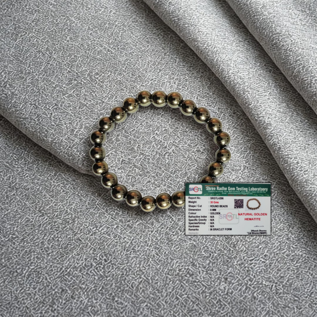 Natural Golden Hematite Gemstone Bracelet | 8 mm Beads | Lab Certified | AAA Grade | Healing Crystal