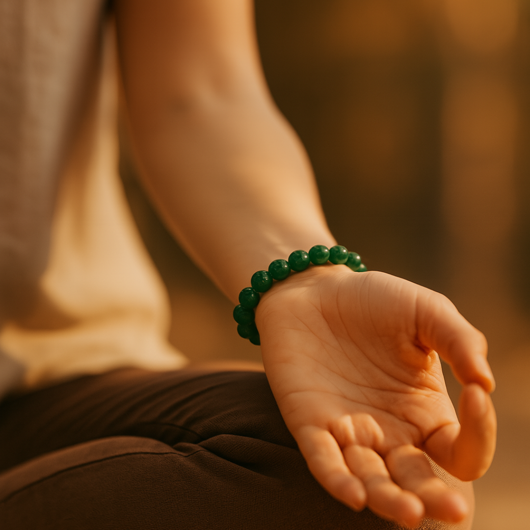 Hand wearing a green Jade beaded bracelet with a blurred background