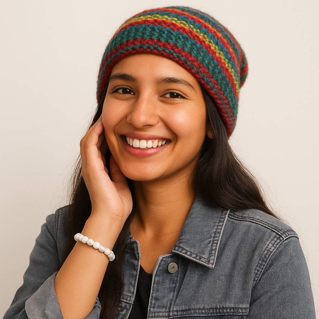 Woman wearing a colorful striped beanie and denim jacket against a plain background