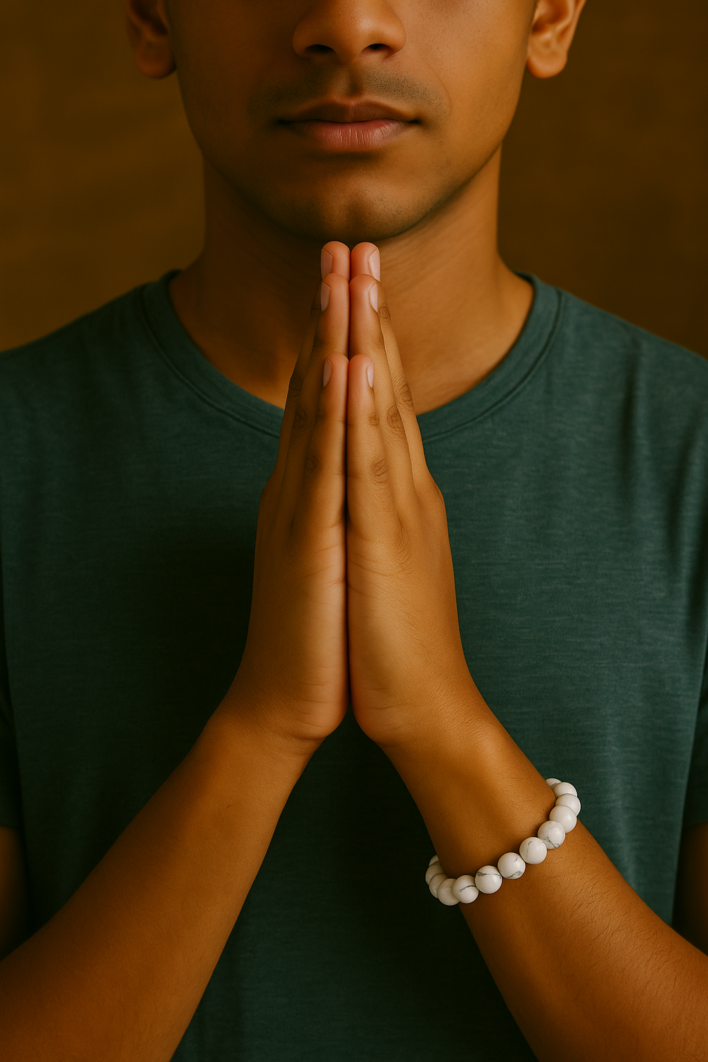 Man with hands pressed together in a prayer gesture against a brown background