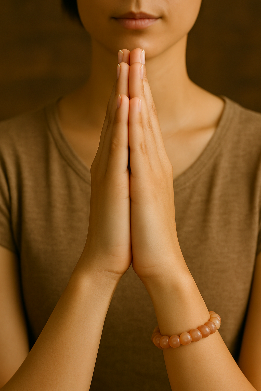Person wearing a brown shirt with hands pressed together in a gesture of prayer or meditation.