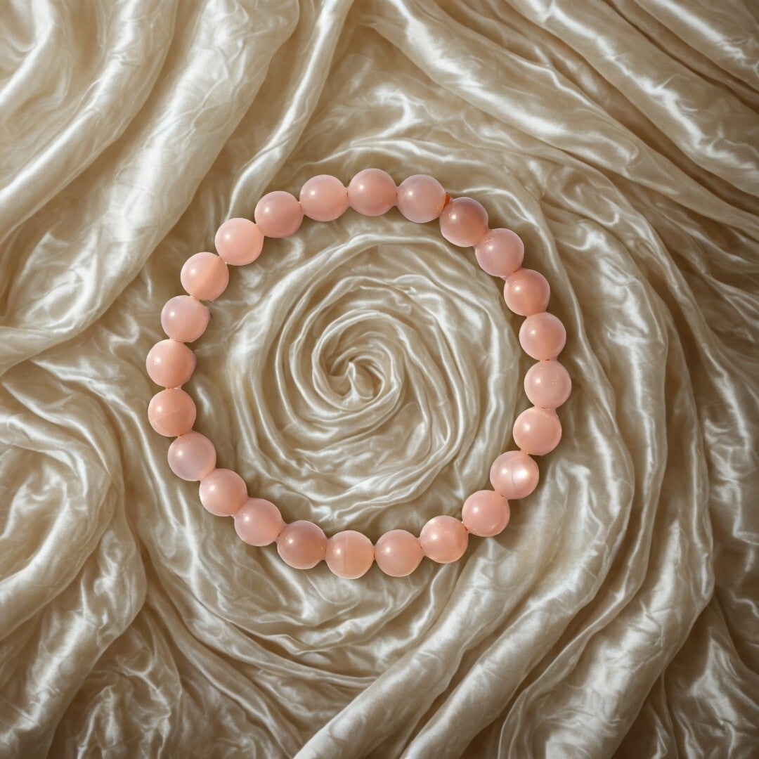 Pink beaded bracelet on a textured beige fabric background