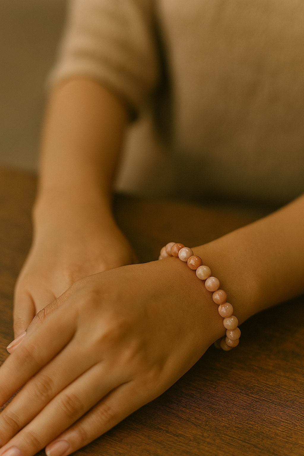 Close-up of a person's hand wearing a pink beaded bracelet on a wooden surface.
