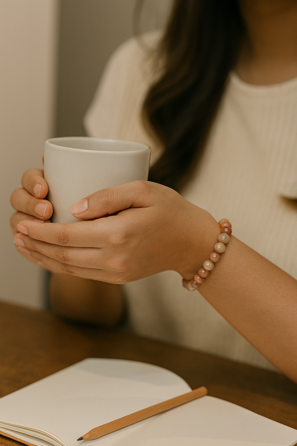 Person holding a white mug with a blurred background
