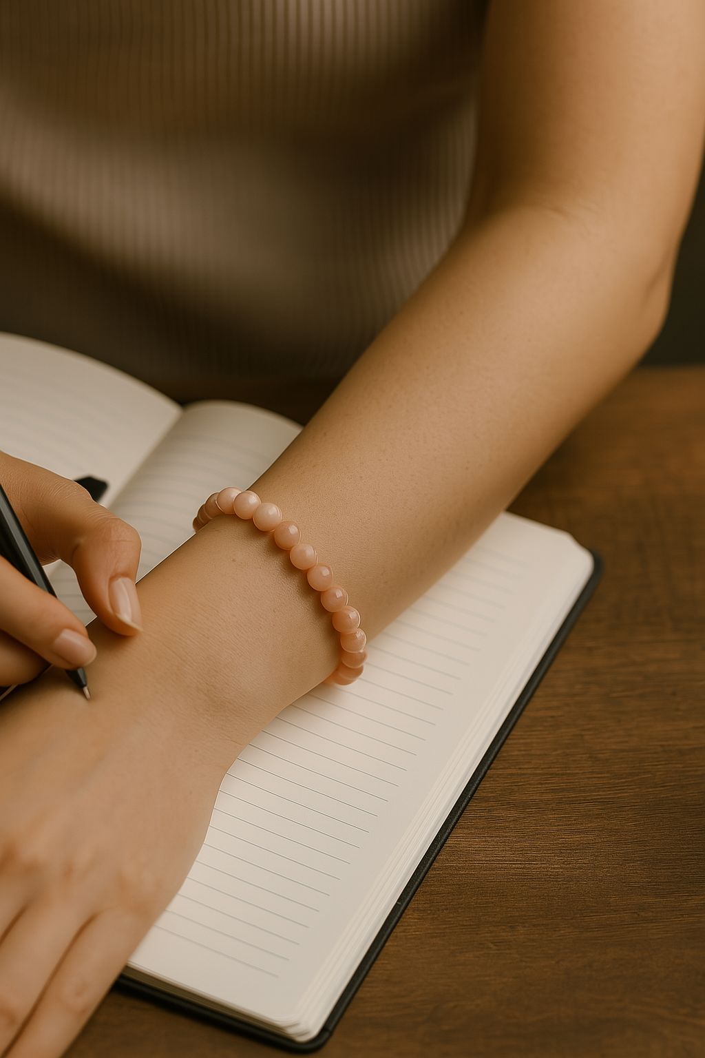 Person writing in a notebook with a pen on a wooden surface