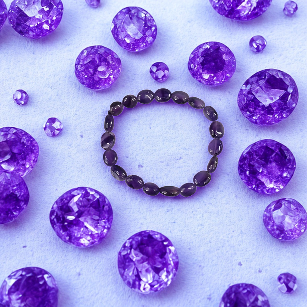 Purple gemstones with a bracelet on a light purple background