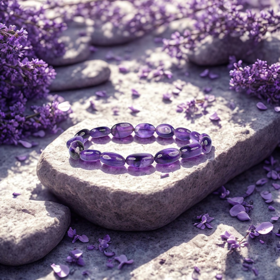 Purple beaded bracelet on a stone surrounded by lavender flowers