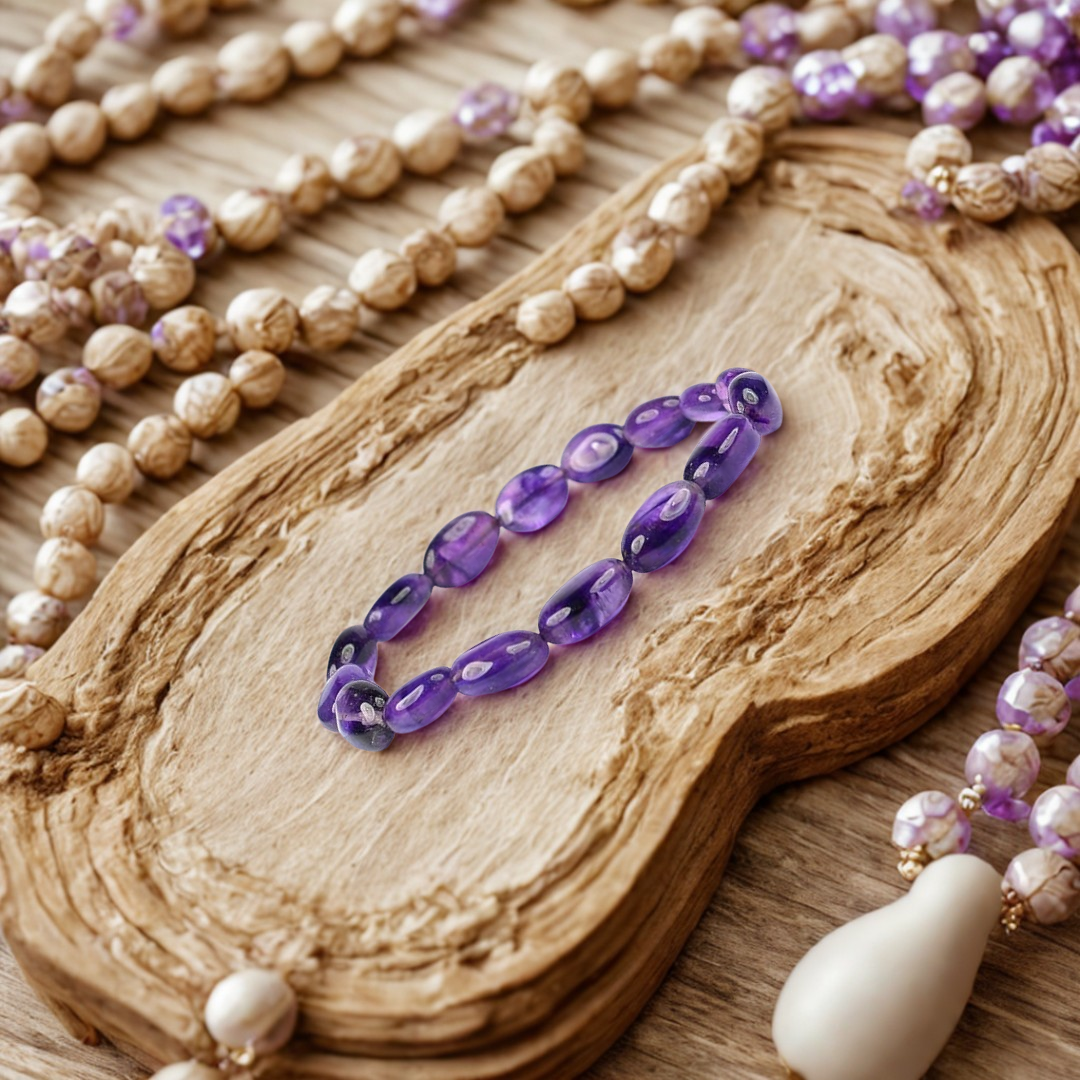 Purple beaded necklace on a wooden surface with other jewelry items.