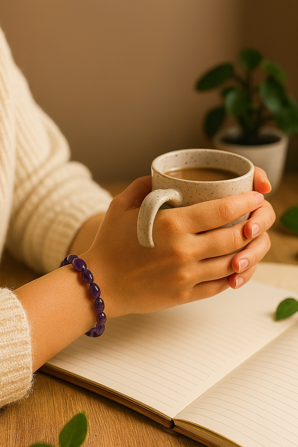 Person holding a mug of coffee with a notebook and plant in the background