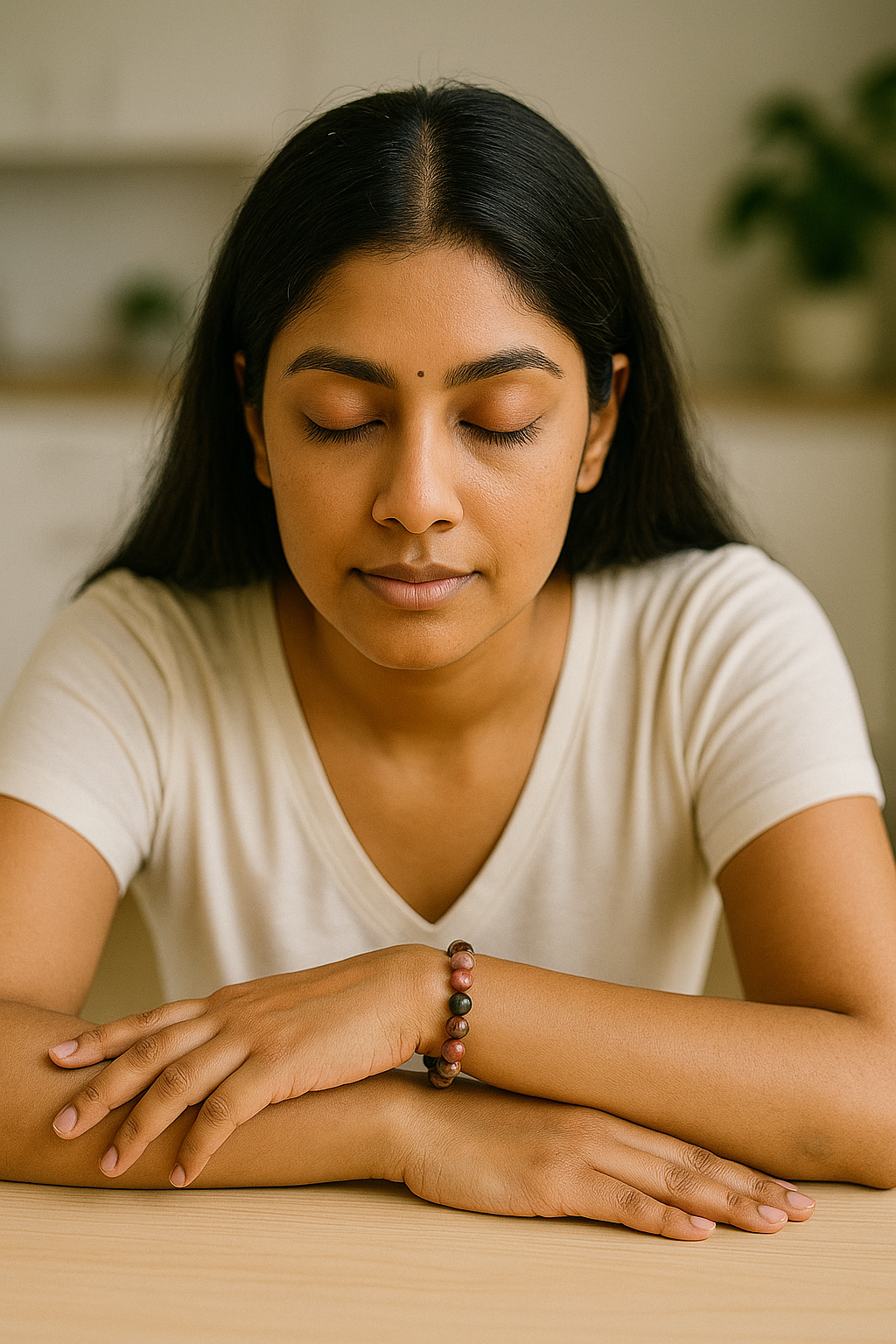 Woman sitting at a table with a neutral background