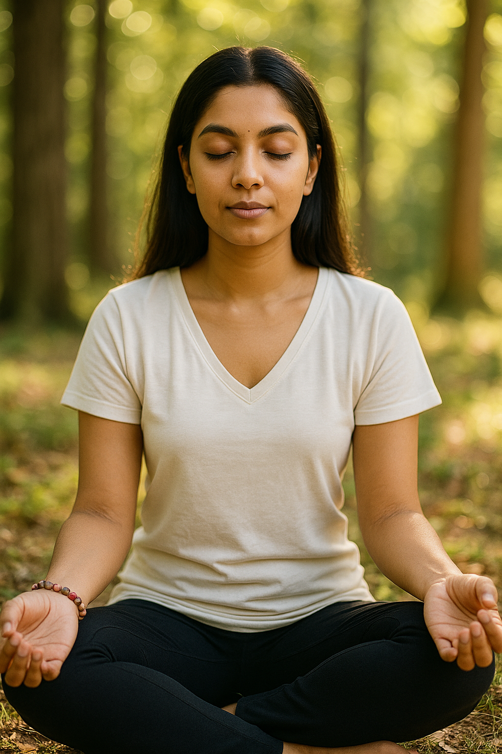 Woman meditating in a forest setting