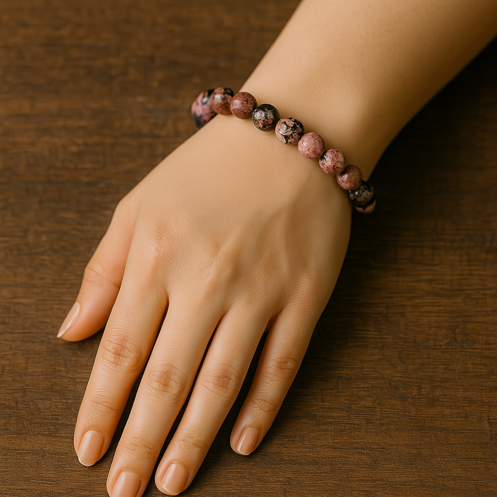 Hand wearing a bracelet with marbled beads on a wooden surface