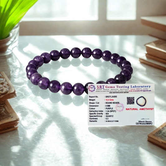 Amethyst Round Beads Bracelet with a certification card on a reflective surface