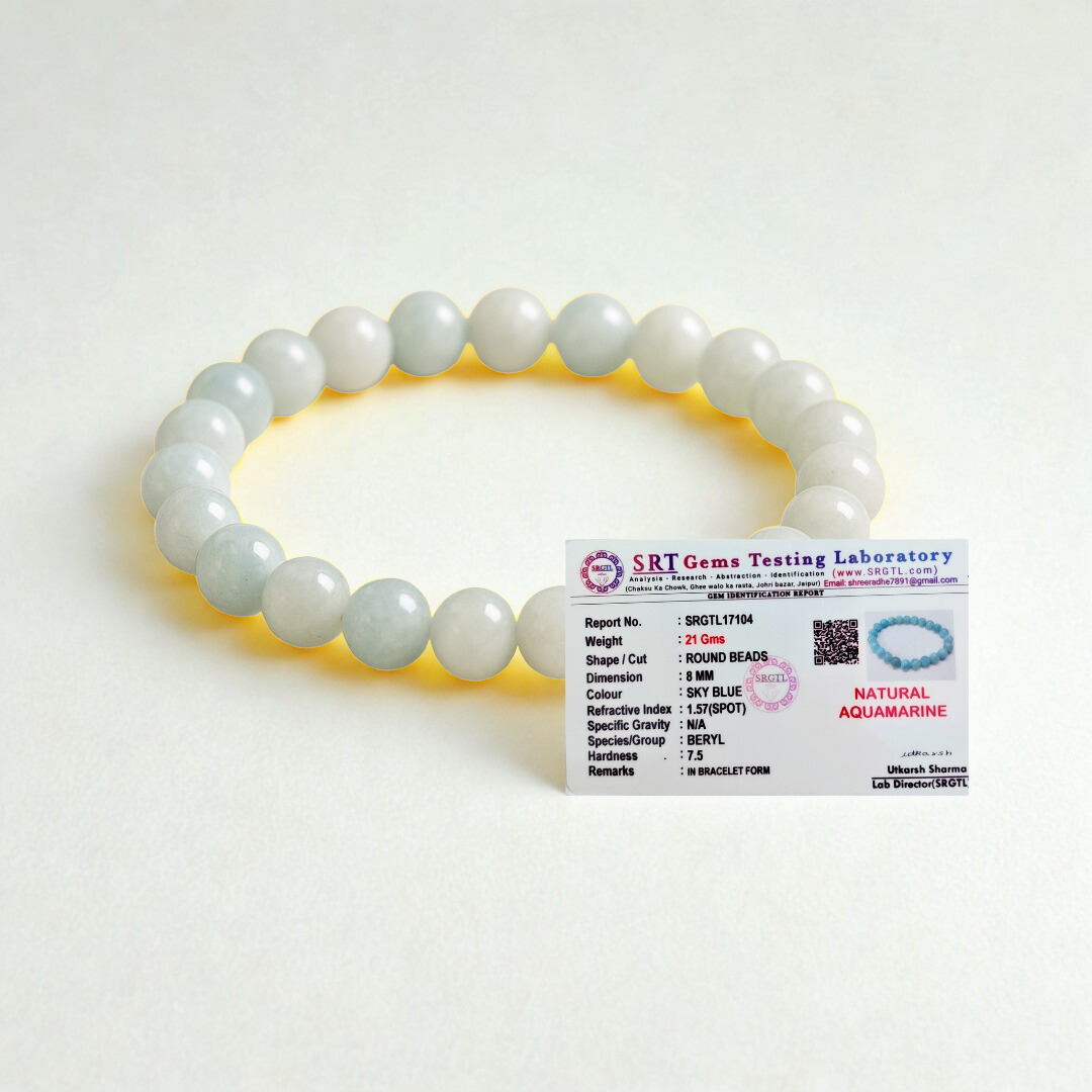 Natural Aquamarine Gemstone Bracelet | 8 mm Beads | Lab Certified | Premium Grade | Healing Crystal