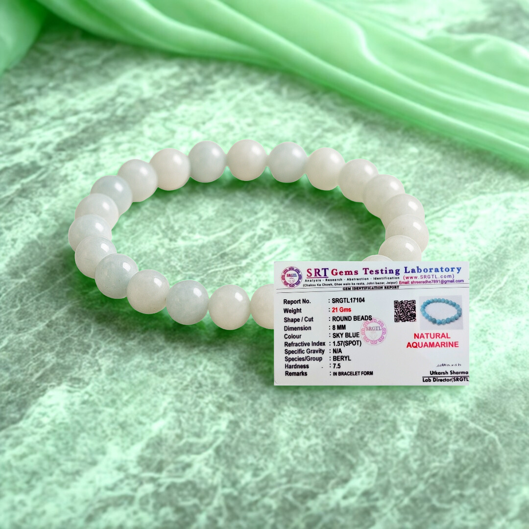 Natural Aquamarine Gemstone Bracelet | 8 mm Beads | Lab Certified | Premium Grade | Healing Crystal