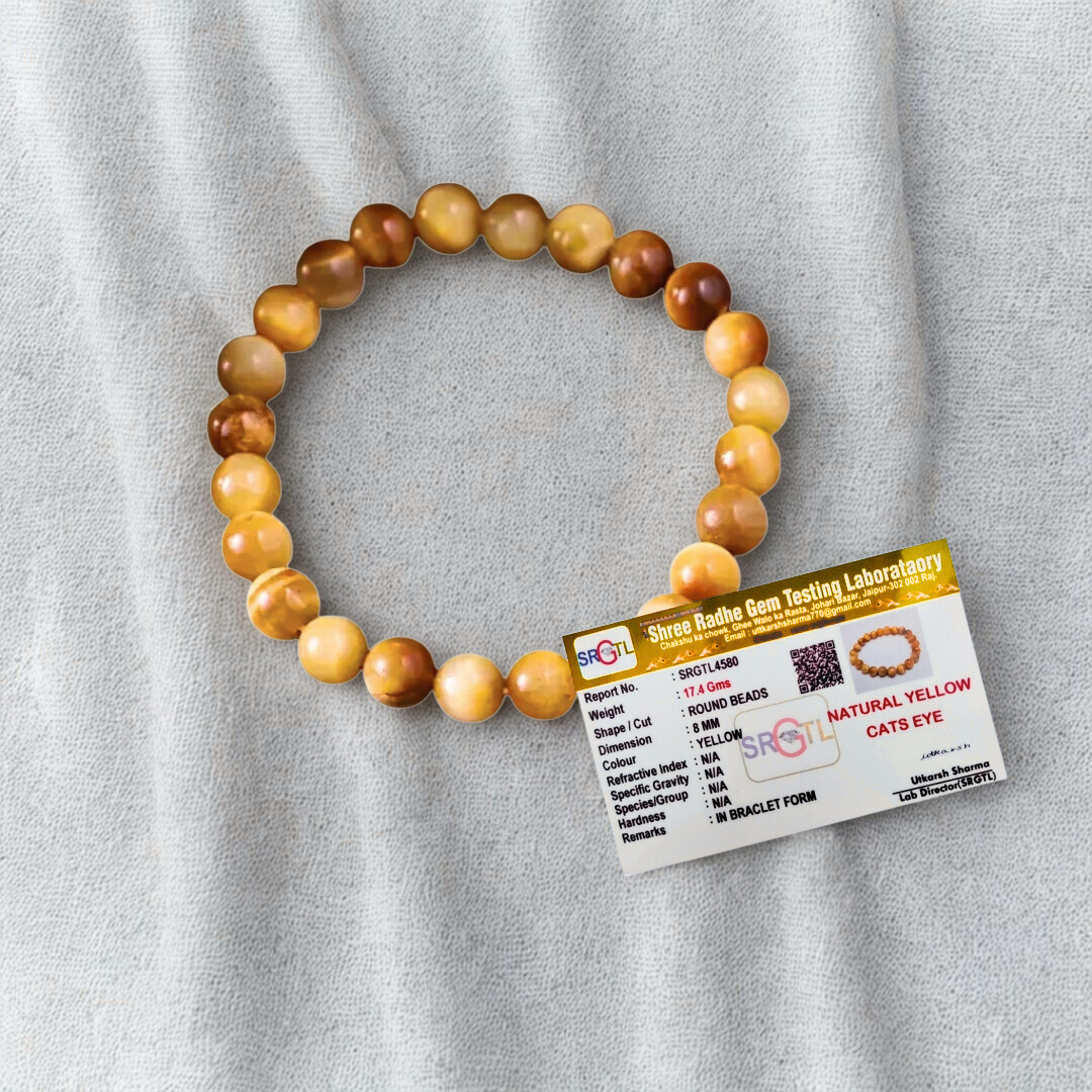Natural Yellow Cat’s Eye Gemstone Bracelet (Lehsunia) | 8 mm Beads | Lab Certified | AAA Grade | Healing Crystal