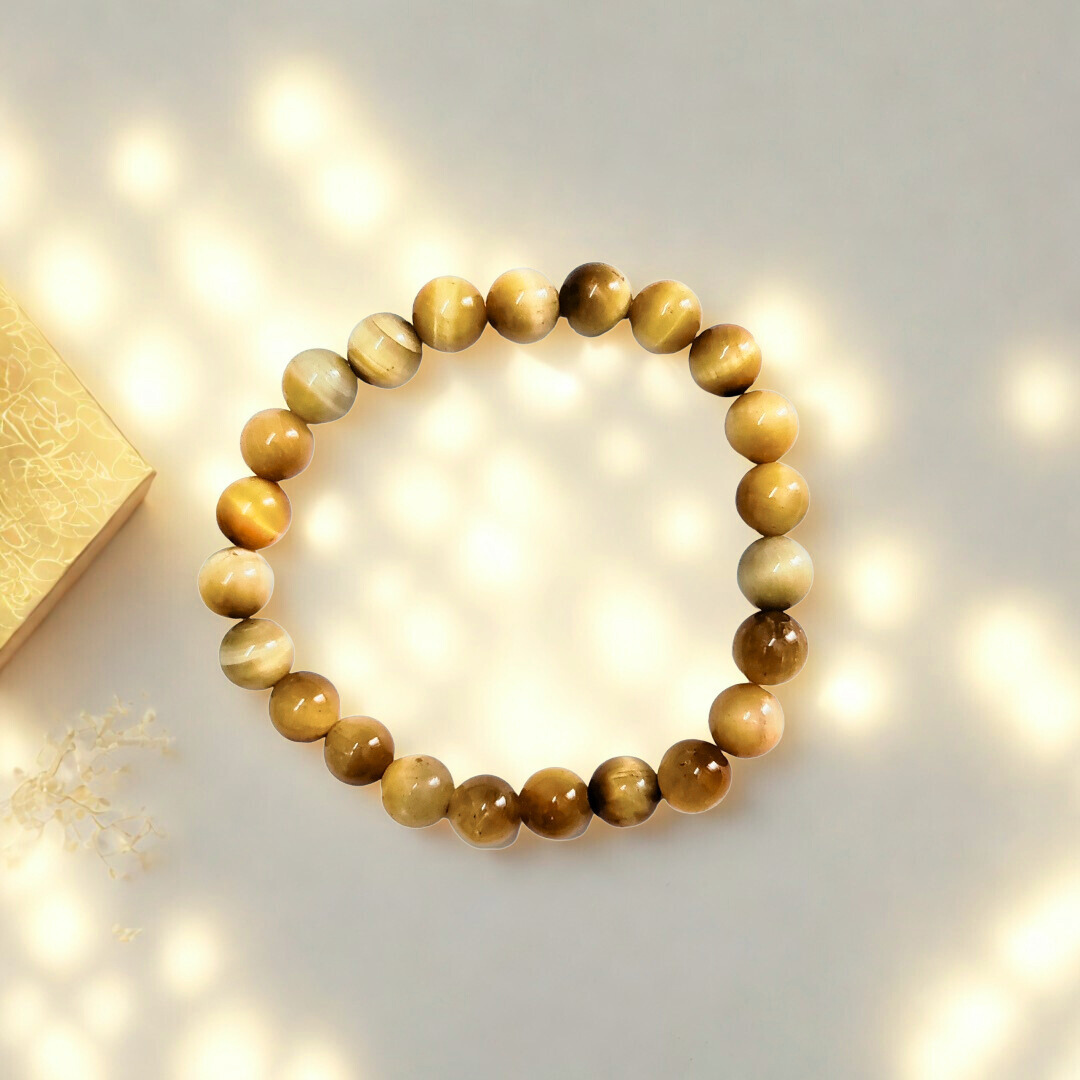 Natural Yellow Cat’s Eye Gemstone Bracelet (Lehsunia) | 8 mm Beads | Lab Certified | AAA Grade | Healing Crystal