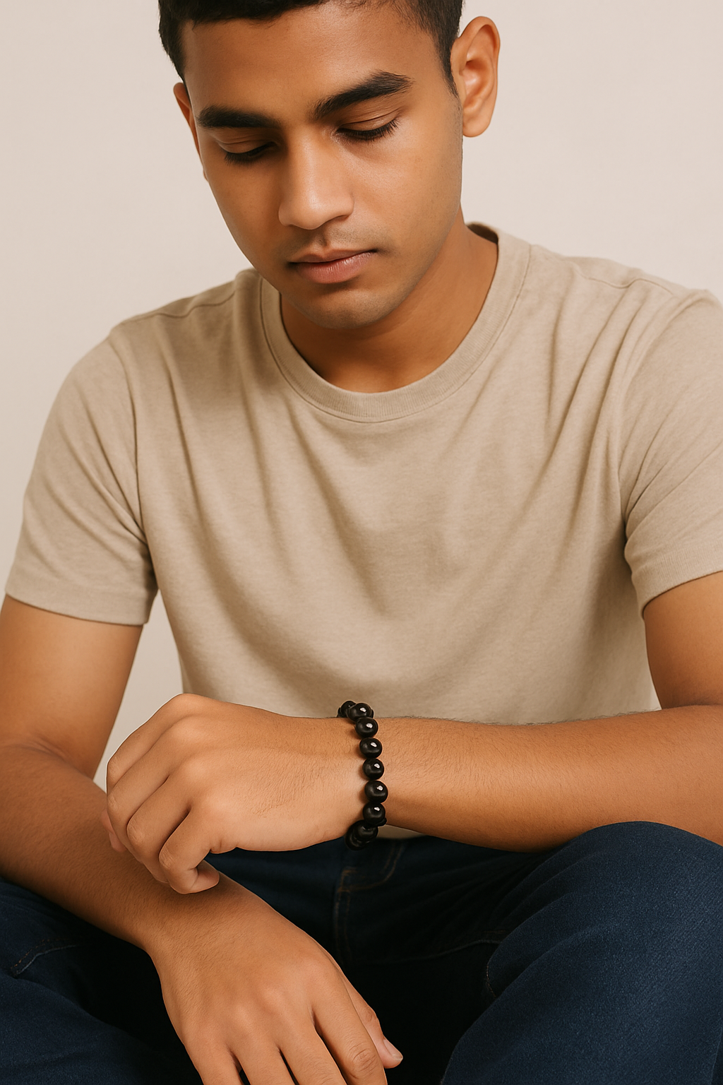 Man wearing a beige t-shirt and black bracelet sitting against a plain background