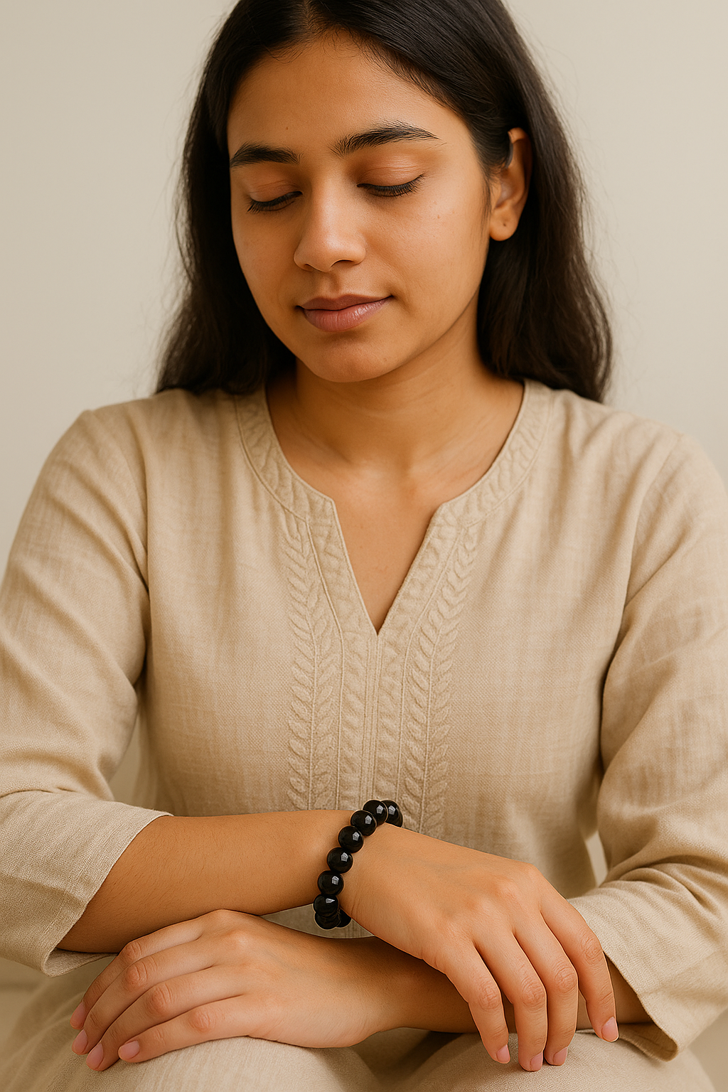 Woman wearing a beige sweater with a neutral background