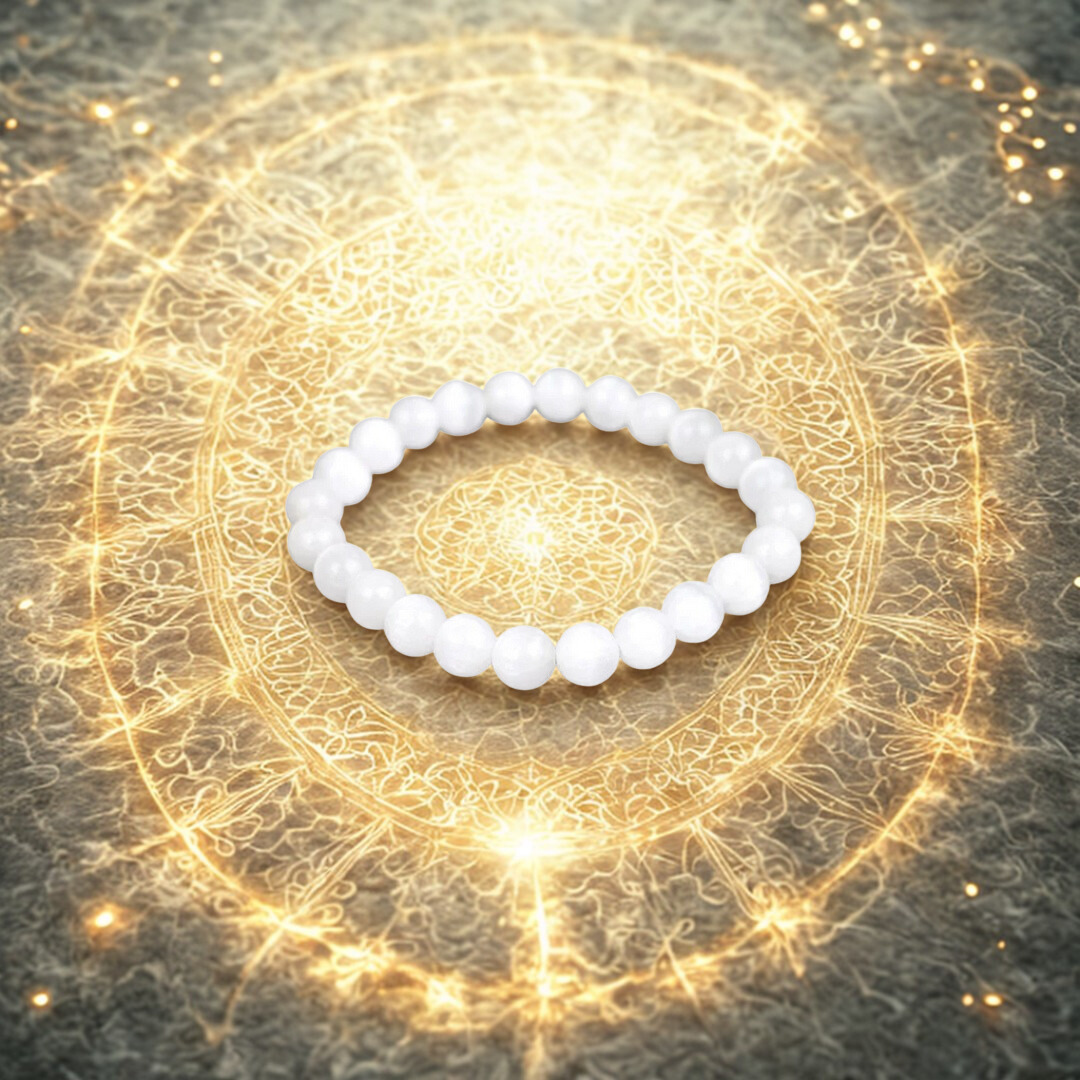 White beaded bracelet on a decorative gold circular background