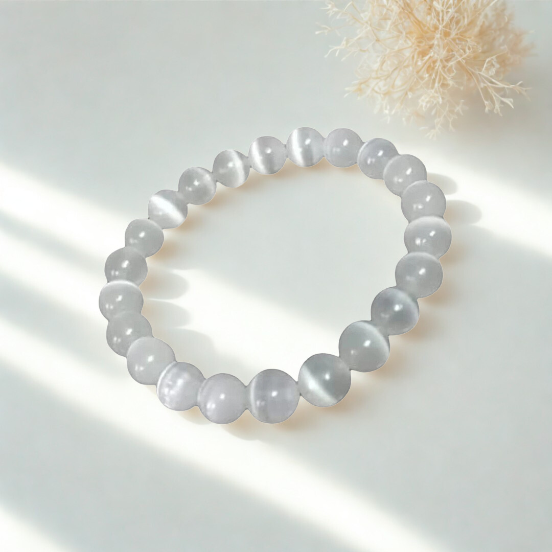 Natural Selenite Gemstone Bracelet | 8 mm Beads | Lab Certified | AAA Grade | Healing Crystal