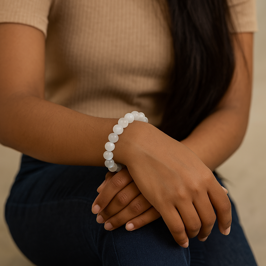 Person wearing a white beaded bracelet on a neutral background
