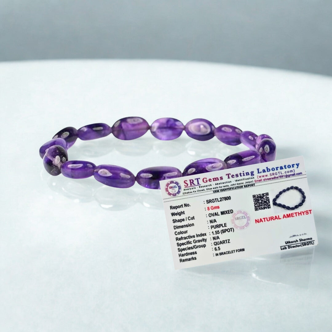 Natural Oval Amethyst Gemstone Bracelet | 8 mm Beads | Lab Certified | AAA Grade | Healing Crystal