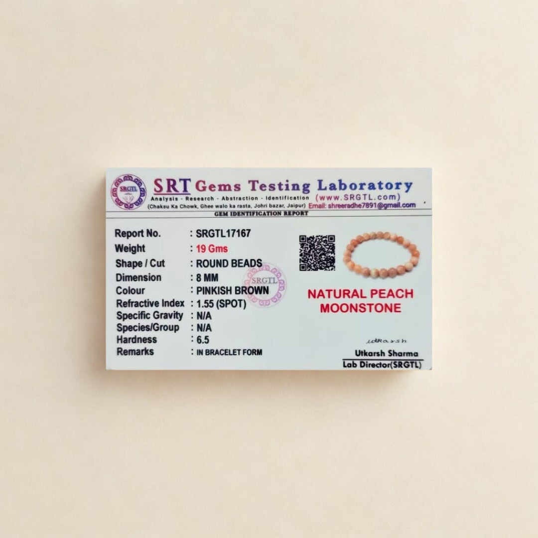 SRT Gems Testing Laboratory report for a peach moonstone bracelet on a beige background