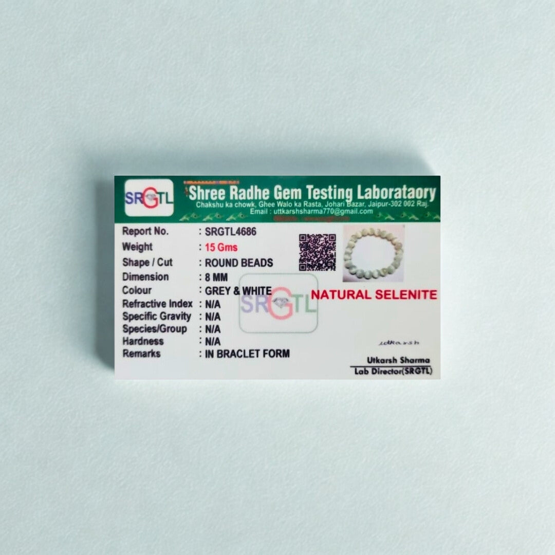 Shree Radhe Gem Testing Laboratory certificate for a natural seelenium stone on a light gray background