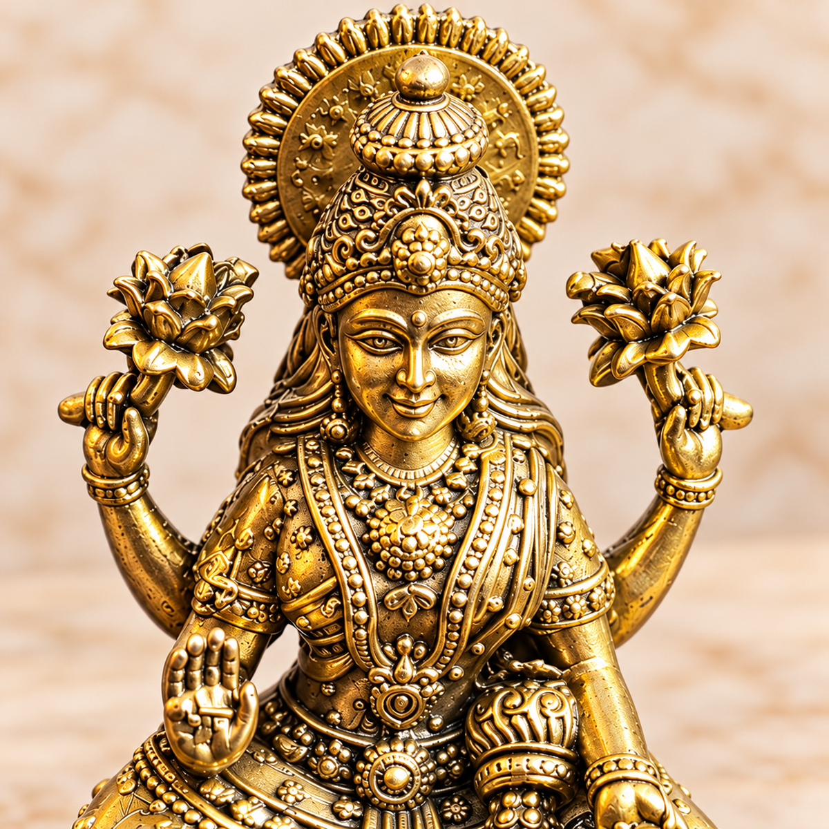 Close-up of Lakshmi idol featuring decorative crown, facial detailing and lotus flowers
