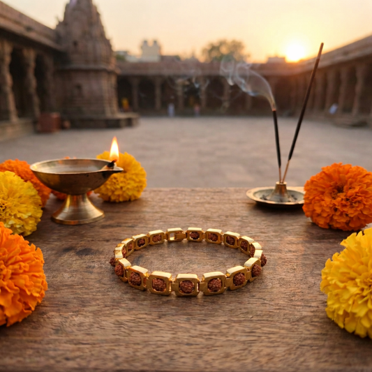 Gold Plated Rudraksha bracelet on a wooden surface with marigold flowers and incense sticks in an outdoor setting.